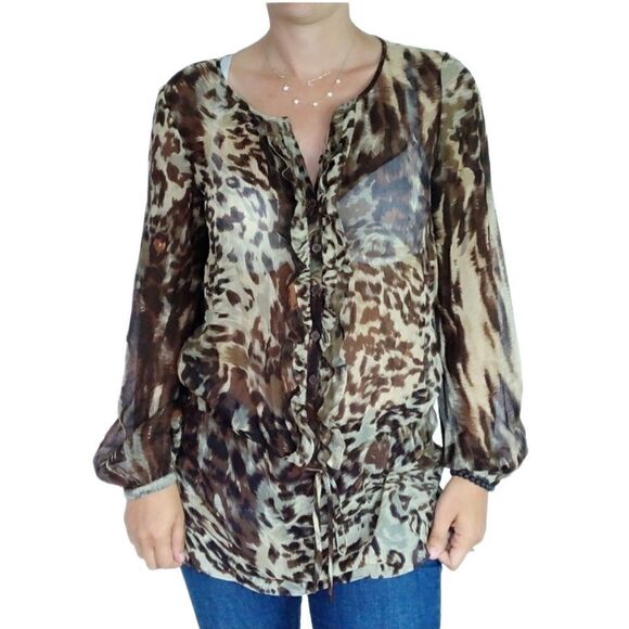 Cabi Brown Animal Print Long Silk Tunic Top 806 Blouse Size Small - Picture 1 of 9